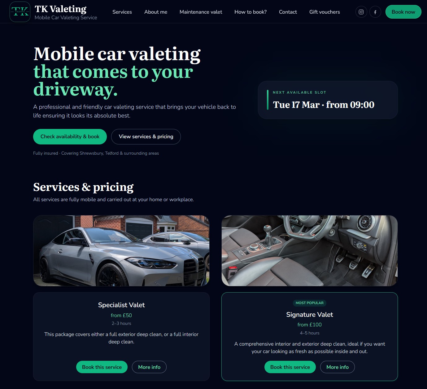 TK Valeting website screenshot